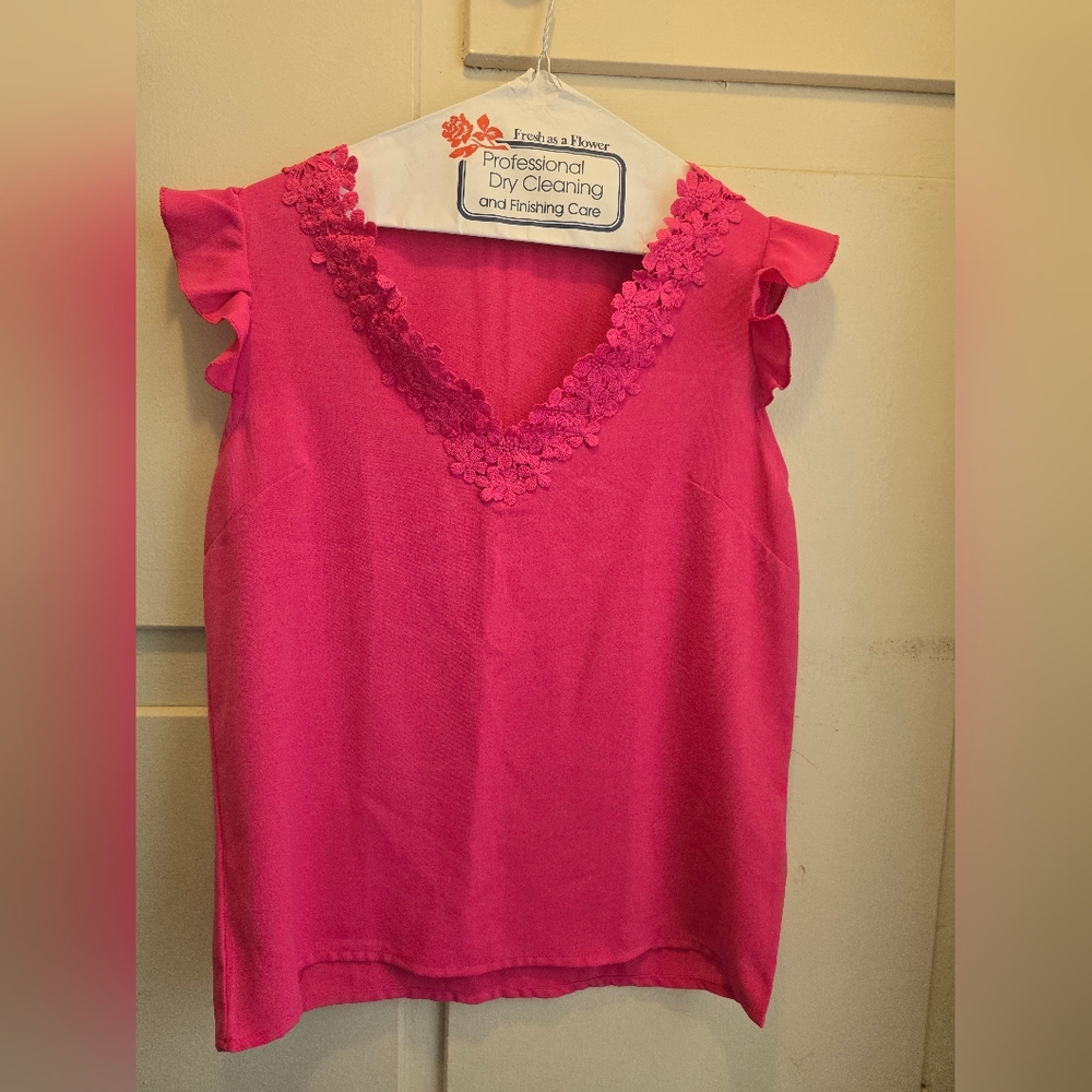 Pink Ruffle Sleeve Top with Floral V-Neck